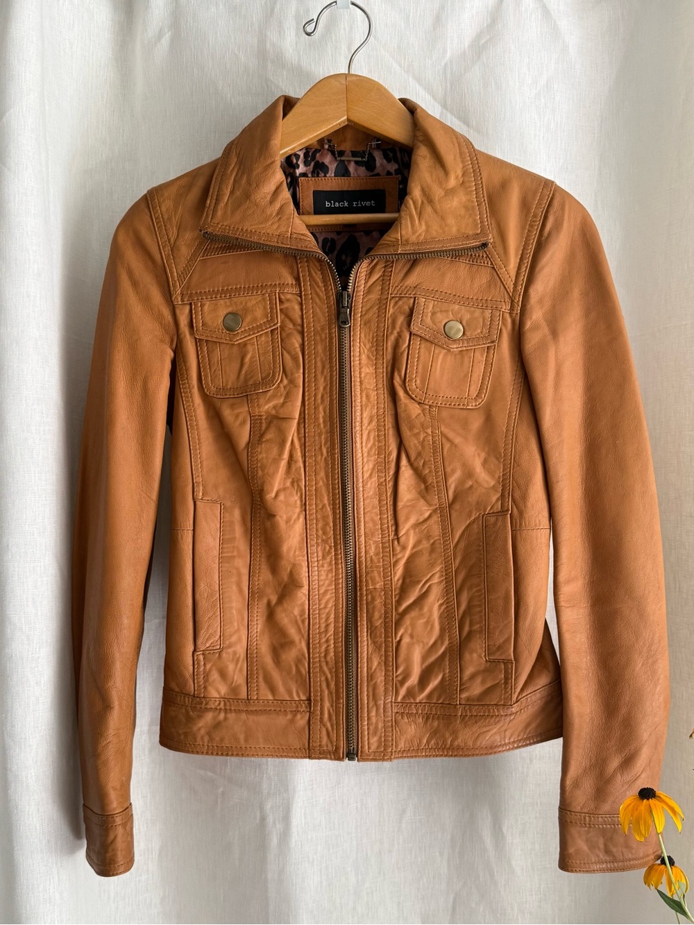 Black Rivet Leather Moto Jacket S Cognac Brown Leopard Print Lined Zip Bomber
